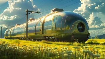 ai generado futurista tren de viaje mediante pradera campo foto