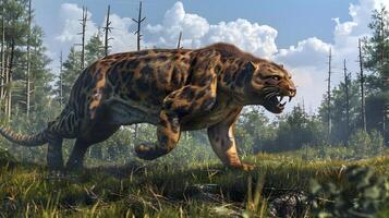 AI generated Paleocore Tiger Walking in Forest Meadow photo