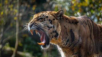 ai generado enojado Tigre demostración dientes en bosque foto