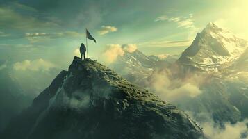ai generado hombre en pie en parte superior de montaña con bandera en surrealista 3d paisaje foto