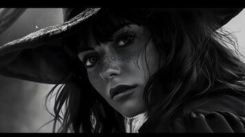 AI generated Hyperrealistic Black and White Portrait of a Woman in Witch Hat photo