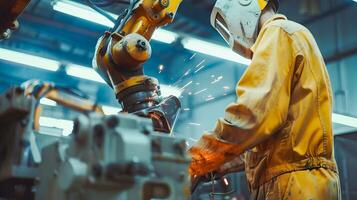 AI generated Engineer Checking and Controlling Automated Welding Robot in Industrial Factory photo
