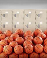 Stack of basketball balls inside the gym photo