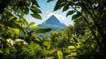 AI generated A breathtaking view of a mountain peak through an arch photo