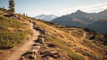 AI generated Mountain trail with green trees and blue sky photo