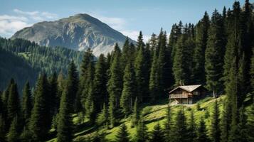 ai generado Nevado montaña choza y abeto arboles paisaje con azul cielo foto