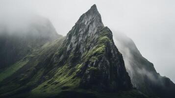 ai generado escabroso montaña pico envuelto en grueso niebla foto