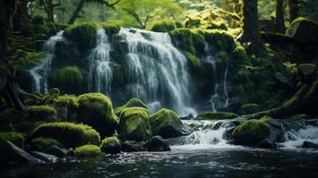 AI generated A waterfall flowing over boulders covered with moss photo