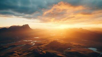 AI generated Aerial view of a mountain landscape in the sunlight photo