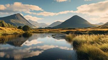 AI generated Alpine lake at golden hour peaceful nature scene photo