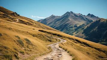 ai generado aventuras espera en el curvilíneo montaña camino foto