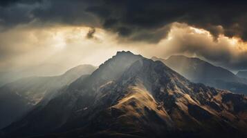 AI generated Mountain ridge with a dramatic and cloudy sky photo