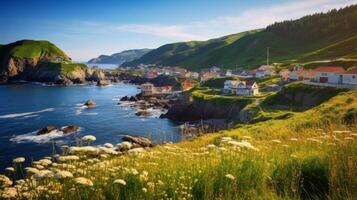 AI generated Quaint seaside village and rocky headlands in the sunlight photo