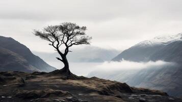 AI generated A moody view of a tree and a mountain backdrop in the mist photo