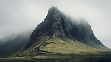 ai generado grueso niebla rodeando un escabroso montaña parte superior foto