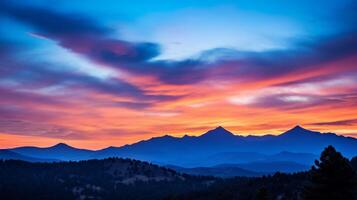 ai generado silueta montaña rango y vistoso cielo ver foto