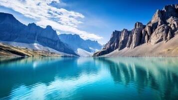 ai generado sereno lago con imponente acantilados en el antecedentes foto
