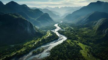 AI generated Aerial view of a curvy river and majestic mountains photo