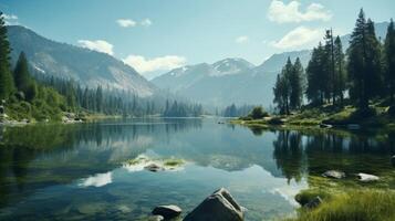AI generated Calm water and pine forest in mountain environment photo