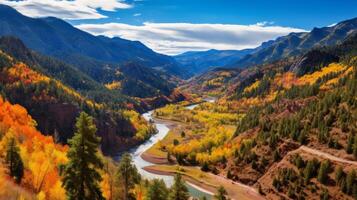 AI generated Fall foliage in a stunning mountain valley view photo