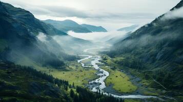 AI generated Foggy mountain valley in wide angle view photo