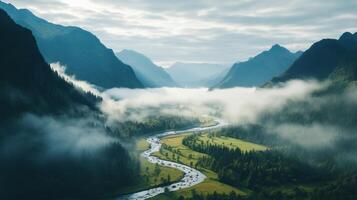 AI generated Wide angle landscape of misty mountain valley photo