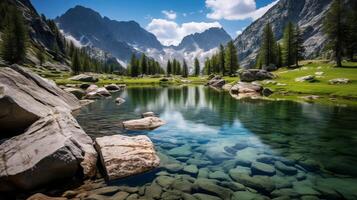 ai generado claro agua de un montaña lago y acantilados en el luz de sol foto