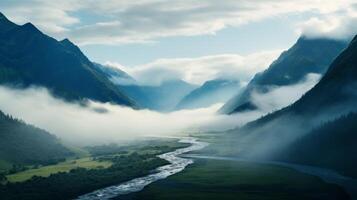 AI generated A foggy valley captured in wide angle lens photo