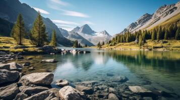 ai generado rocoso acantilados y prístino montaña lago debajo azul cielo foto