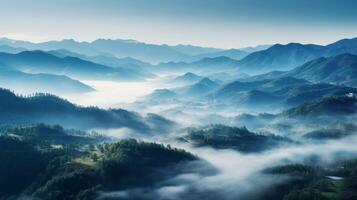 AI generated Expansive view of misty mountain valley natures beauty photo