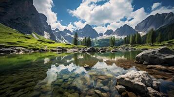 ai generado maravilloso ver de un montaña lago y acantilados en naturaleza foto