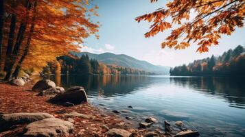AI generated Tranquil mountain lake with colorful autumn foliage in the background photo
