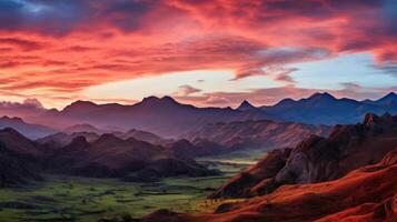ai generado suave resplandor de amanecer en montaña paisaje en amplio ángulo foto