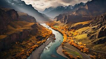 AI generated River winding through mountainous terrain from above photo