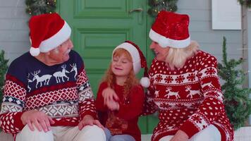 Senior grandparents with granddaughter in Santa Claus hat celebrating Christmas near decorated house video