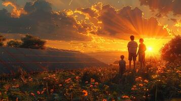 AI Generated In the sun rays, a man shows his family the solar panels on the plot near the house. A young woman and her child look at the panels. photo