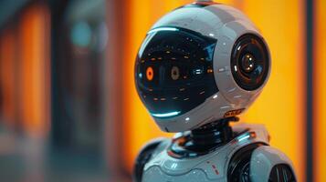 AI Generated A robotic robot with an USB flash drive. A data storage and robotic technology concept, a fun toy character with a black helmet head. A copy space, an orange background with soft focus, a photo