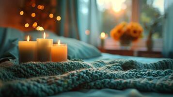 AI Generated Bedroom with a glowing lamp, burning candles, and green blankets on the bed photo
