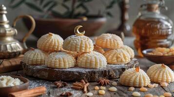 ai generado clasificado sémola maamoul o mamoul galletas, awameh o lokma con dallah y creciente Luna en Ramadán decoración. tradicional Arábica dulces para eid Alabama adha, eid Alabama fitr, y Ramadán. foto