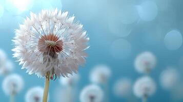 AI Generated A macro dandelion with blue background. This is an expression of freedom to wish. Goodbye Summer. Hope and dreams concept. Fragility. Springtime. Soft focus. Macro nature image. photo