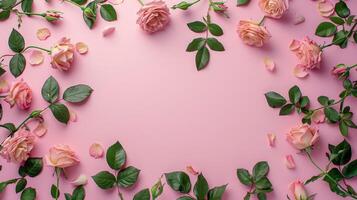 AI Generated A banner with rose flowers and green leaves on a pink background. A springtime composition with copyspace. photo