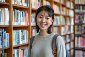 ai generado contento asiático estudiante en el biblioteca foto