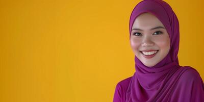 AI generated smiling Malay woman in a hijab on yellow copy space photo