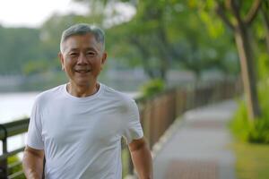 AI generated Active senior Chinese man jogging in the park photo