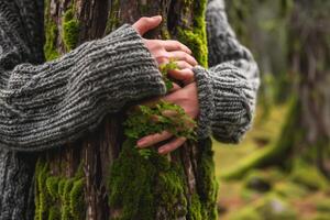 ai generado manos abrazando y abrazando un árbol en el bosque foto