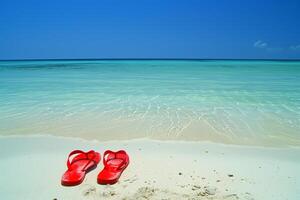 AI generated Red flip flops on a tropical beach photo