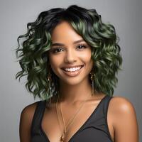 AI generated Portrait of Beautiful African American Woman with Short Curly, Black and Green Ombre Hairstyle on Gray Studio Background. Generative Ai photo