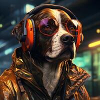 ai generado cyberpunk perro vistiendo chaqueta y auriculares. frio perro ilustración. generativo ai foto