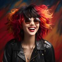 AI generated Smiling Asian Rockstar Woman with Colorful Curly Hair. Model Posing for Photo Shoot. Generative Ai