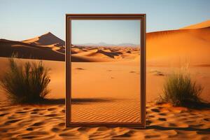 ai generado un espejo en el Desierto con panorámico paisaje antecedentes y arena dunas. resumen surrealista concepto. generativo ai foto